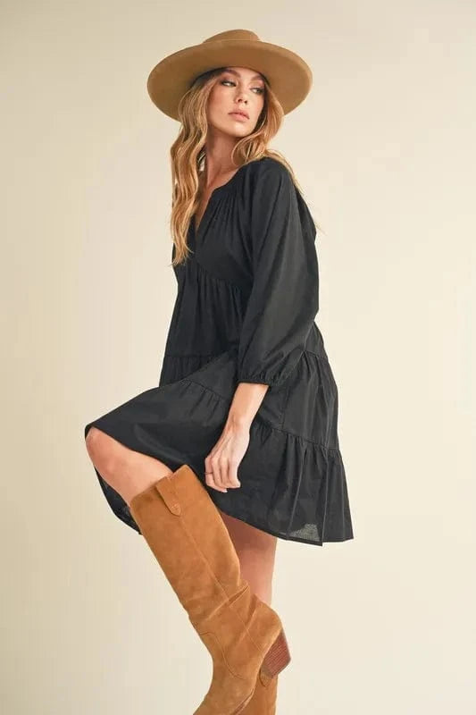 Aemi+Co Mini Dresses Aemi + Co Notched Balloon Sleeve Tiered Mini Dress