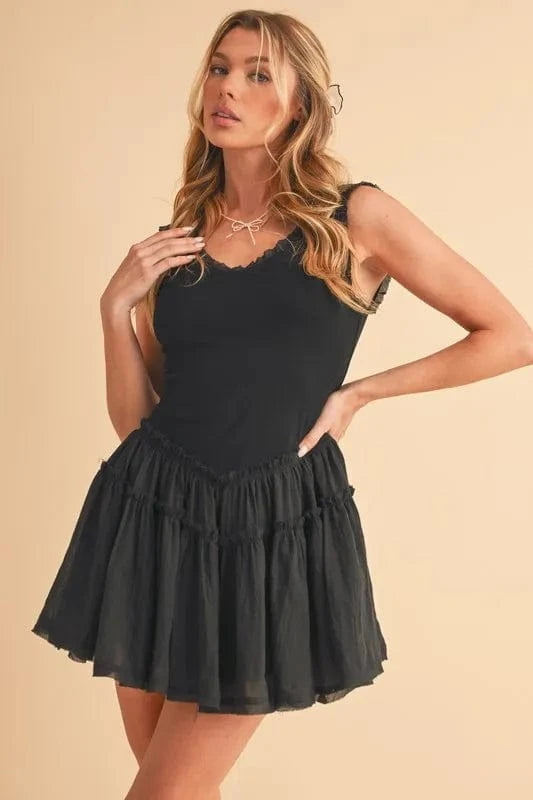 Aemi+Co Mini Dresses BLACK / S Aemi+Co Frill Sleeveless Drop Waist Mini Dress