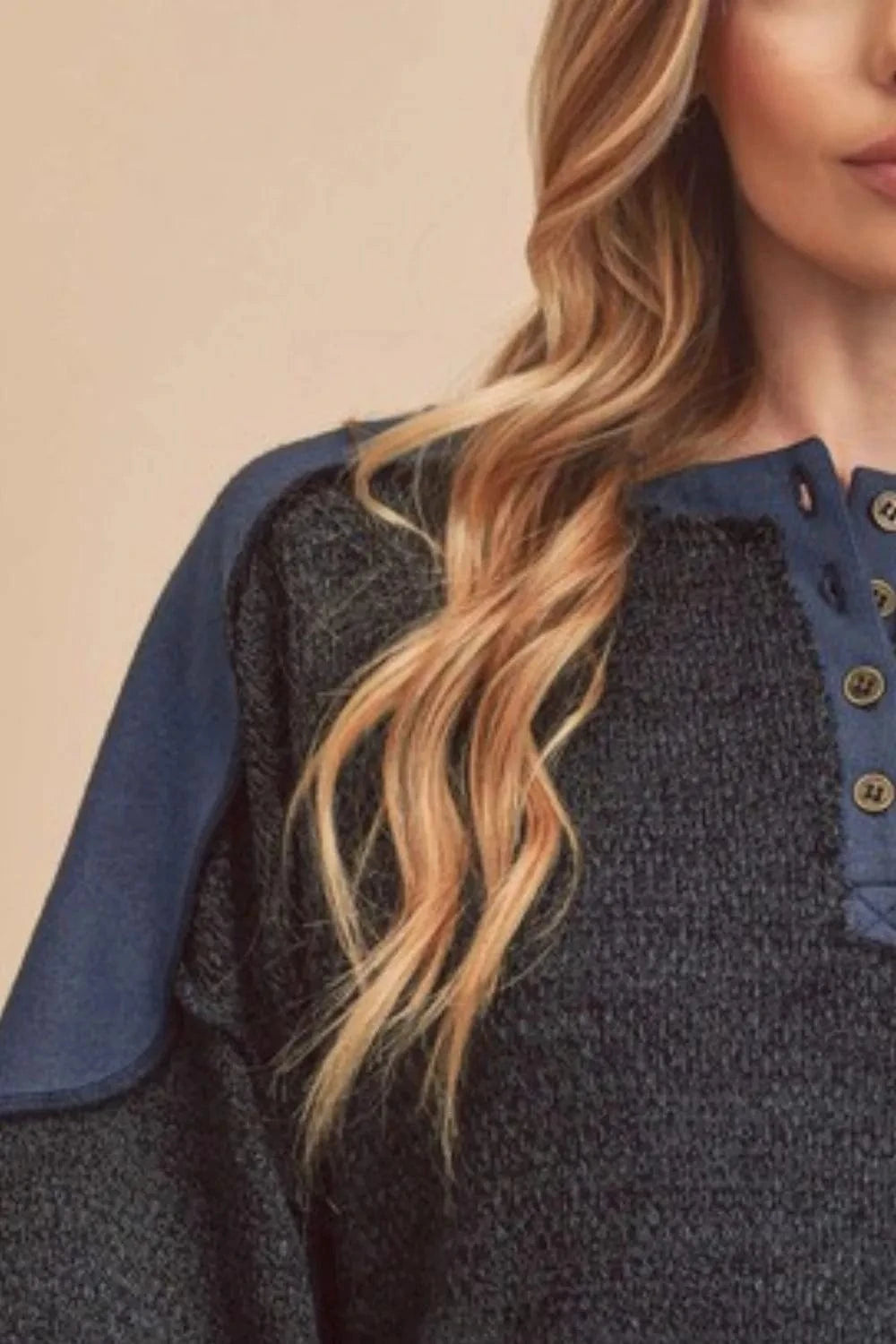 Aemi+Co Sweatshirts & Hoodies Aemi + Co Side Slit Button Detail Contrast Shoulder Sweatshirt