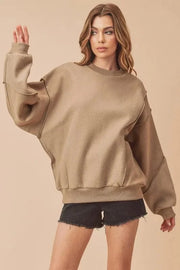 Aemi+Co Sweatshirts & Hoodies Camel / S Aemi + Co Exposed Seam Round Neck Drop Shoulder Sweatshirt