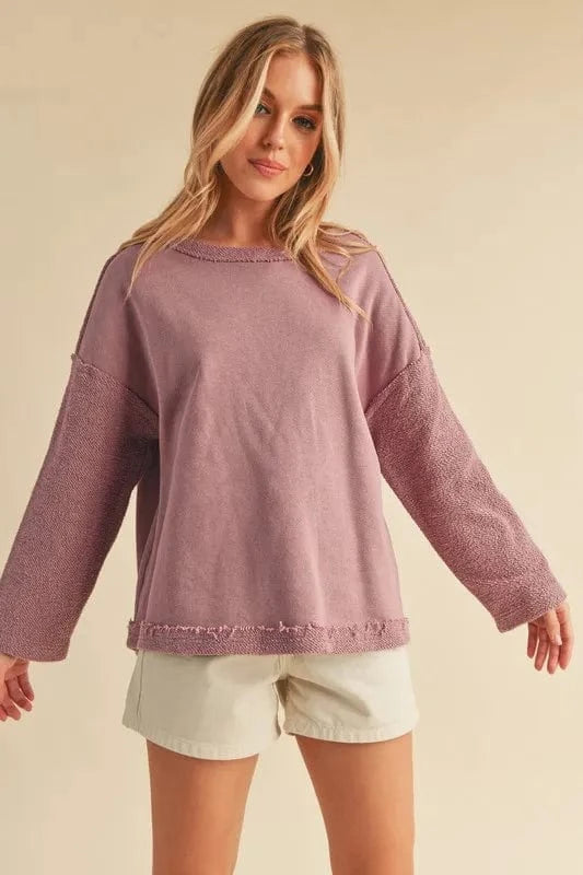 Aemi+Co Sweatshirts & Hoodies Dusty Pink / S Aemi + Co Frayed Edge Round Neck Sweatshirt