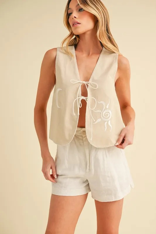 Aemi+Co Vests Aemi+Co Embroidered Tied Front Vest Coat