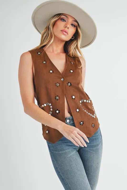 Aemi+Co Vests Aemi + Co Heart Rivet Detail Suede Vest Coat