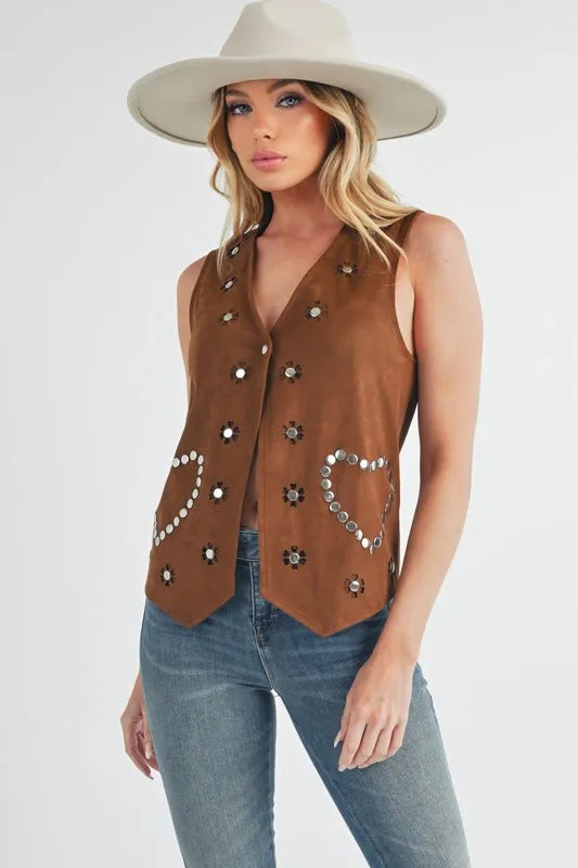 Aemi+Co Vests Aemi + Co Heart Rivet Detail Suede Vest Coat