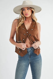 Aemi+Co Vests Brown / S Aemi + Co Heart Rivet Detail Suede Vest Coat