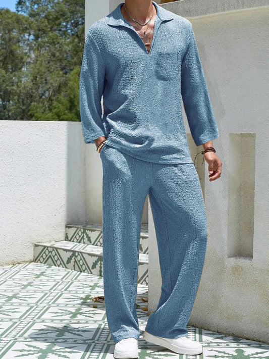 Men's Plus Size Long Sleeve Top and Pants Set Lake Blue - Fashorio