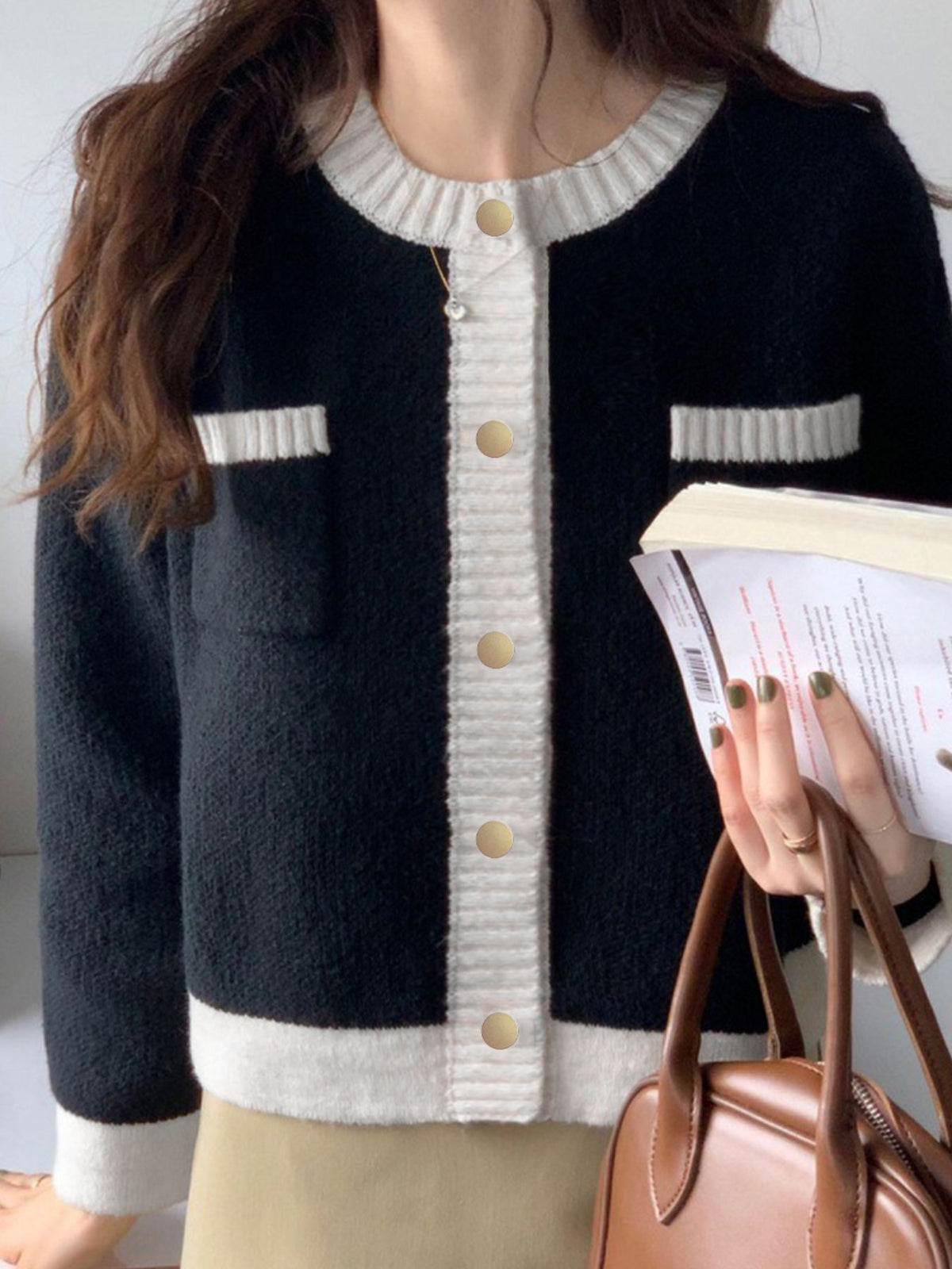 Contrast trim cardigan pocket detail