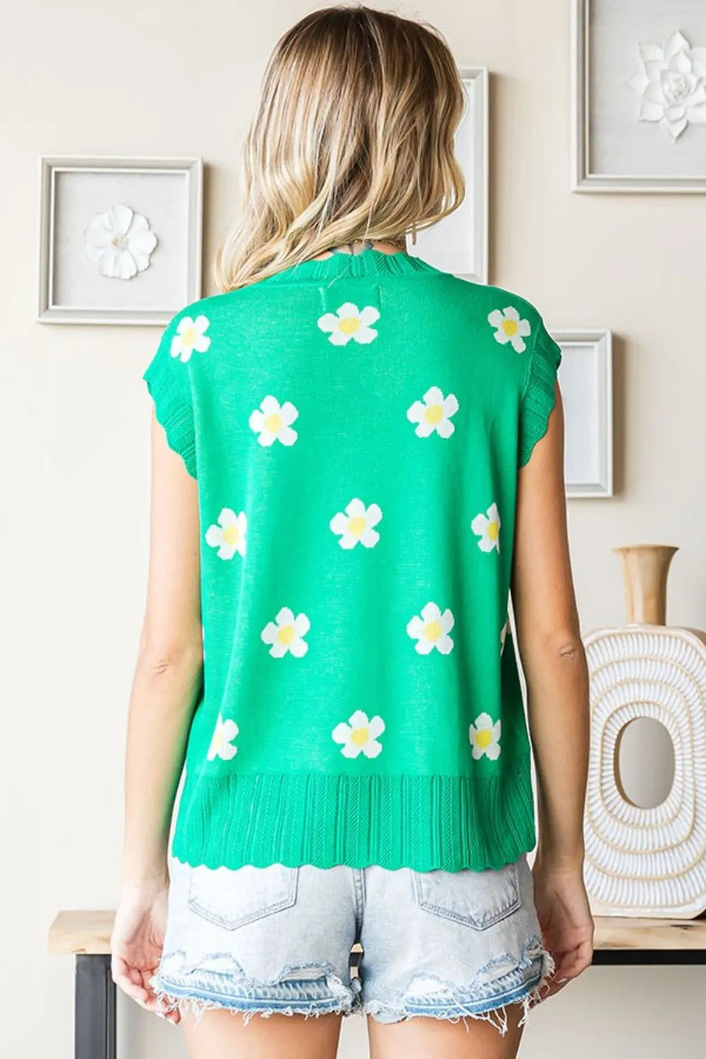 Floral Round Neck Sweater Vest back view