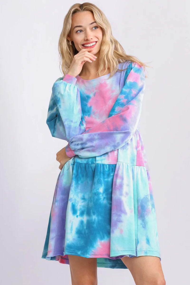 Tie Dye Long Sleeve Babydoll Tiered Dress Plus Size in Teal