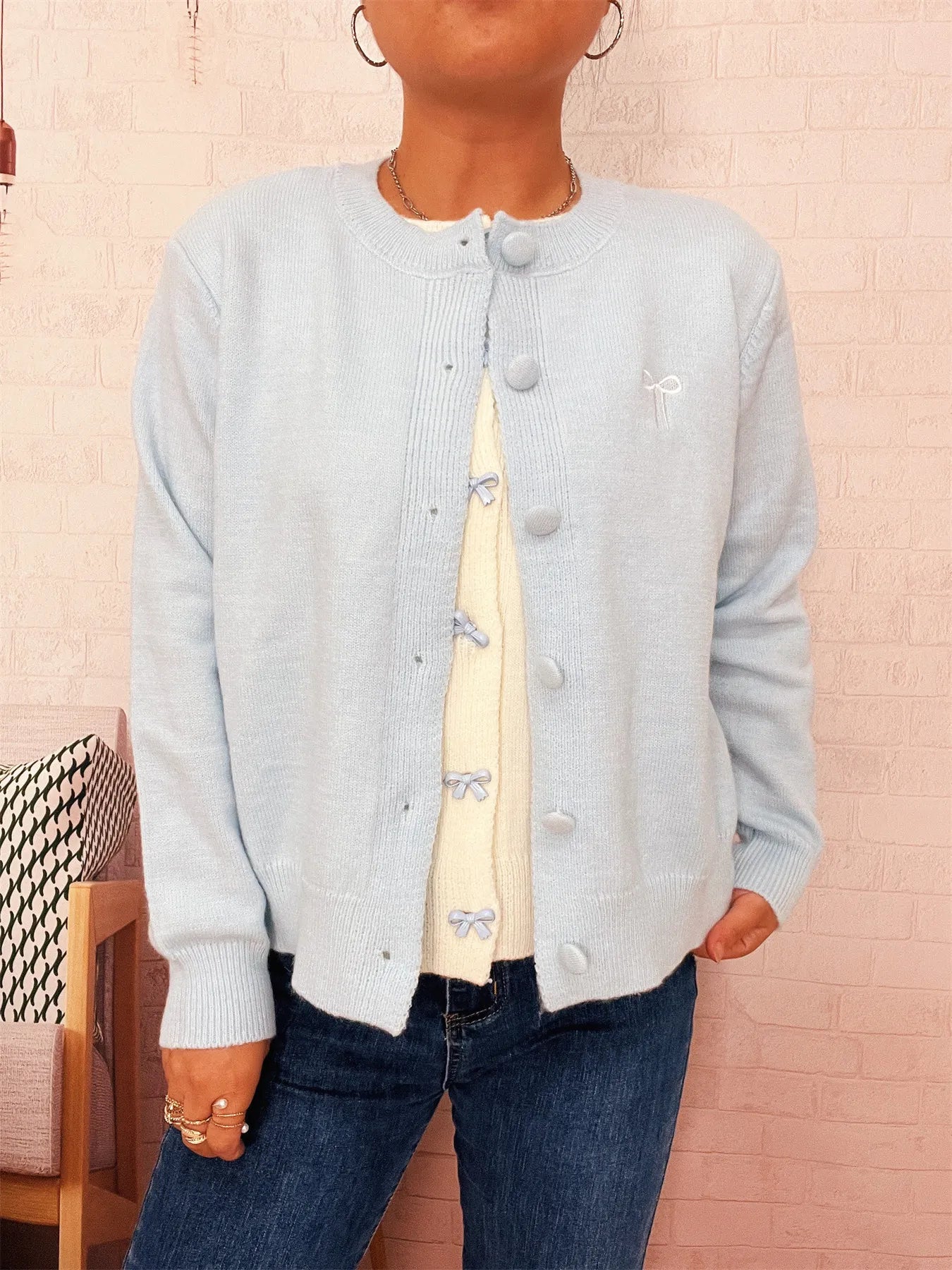 Button-Up Long Sleeve Cardigan Blue One Size - Fashorio