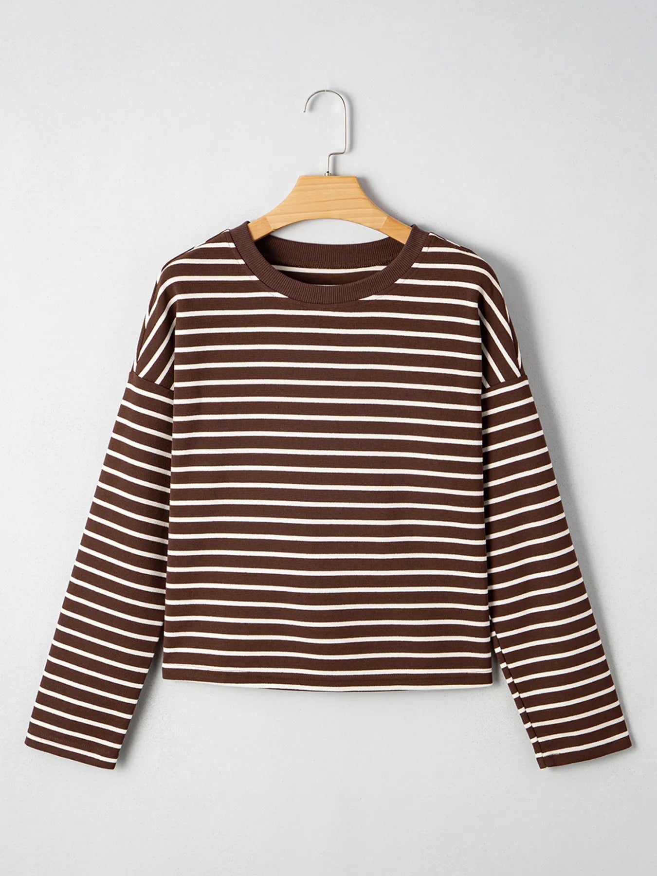 Stripe Cropped Crew Neck Long Sleeve T Shirt - Fashorio