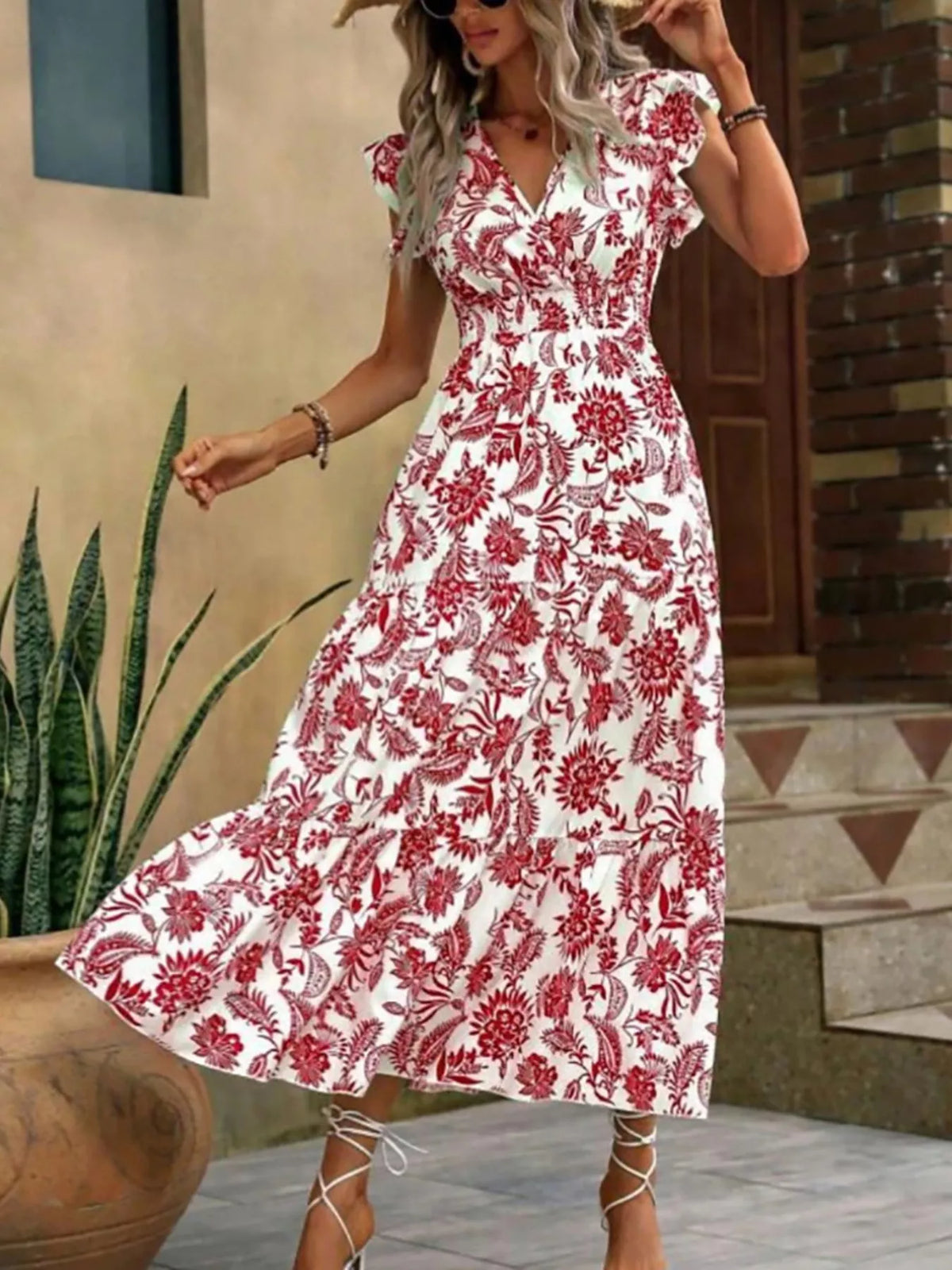 Floral print ruffle sleeve tiered midi dress front view