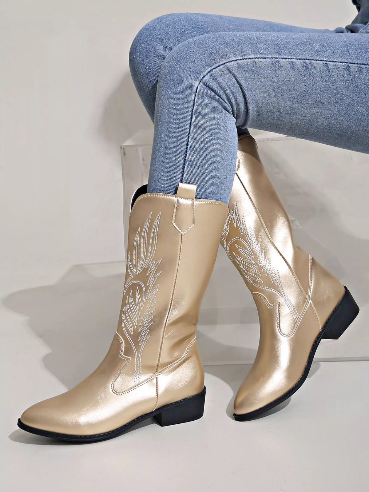 embroidered block heel boots side profile