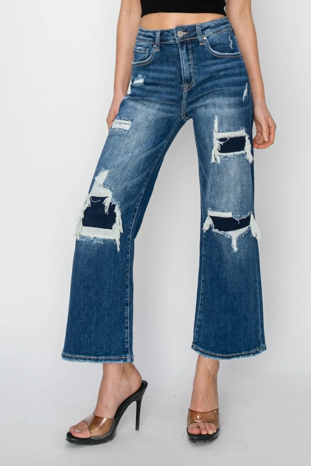 Risen Full Size High Rise Patch Detailed Wide Leg Crop Jeans - Fashorio