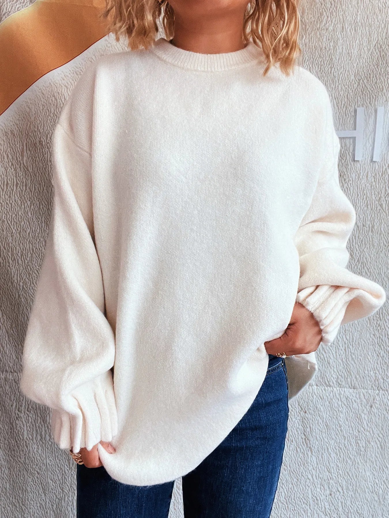 Round Neck Dropped Shoulder Sweater - Fashorio