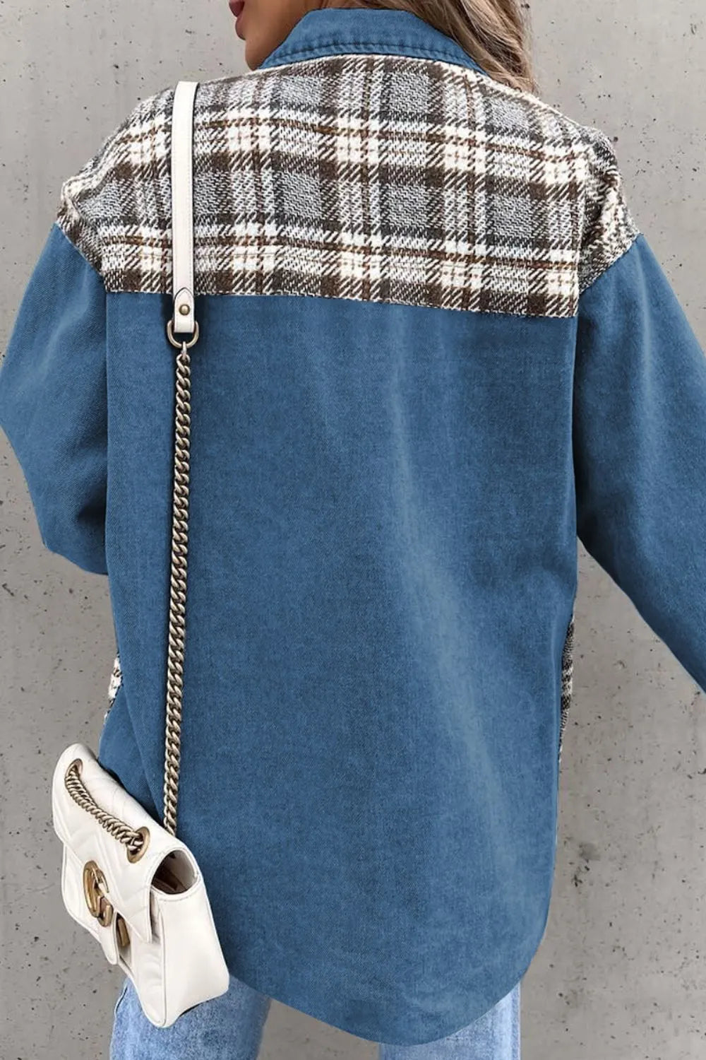 Plaid Pocketed Button Up Denim Jacket - Fashorio
