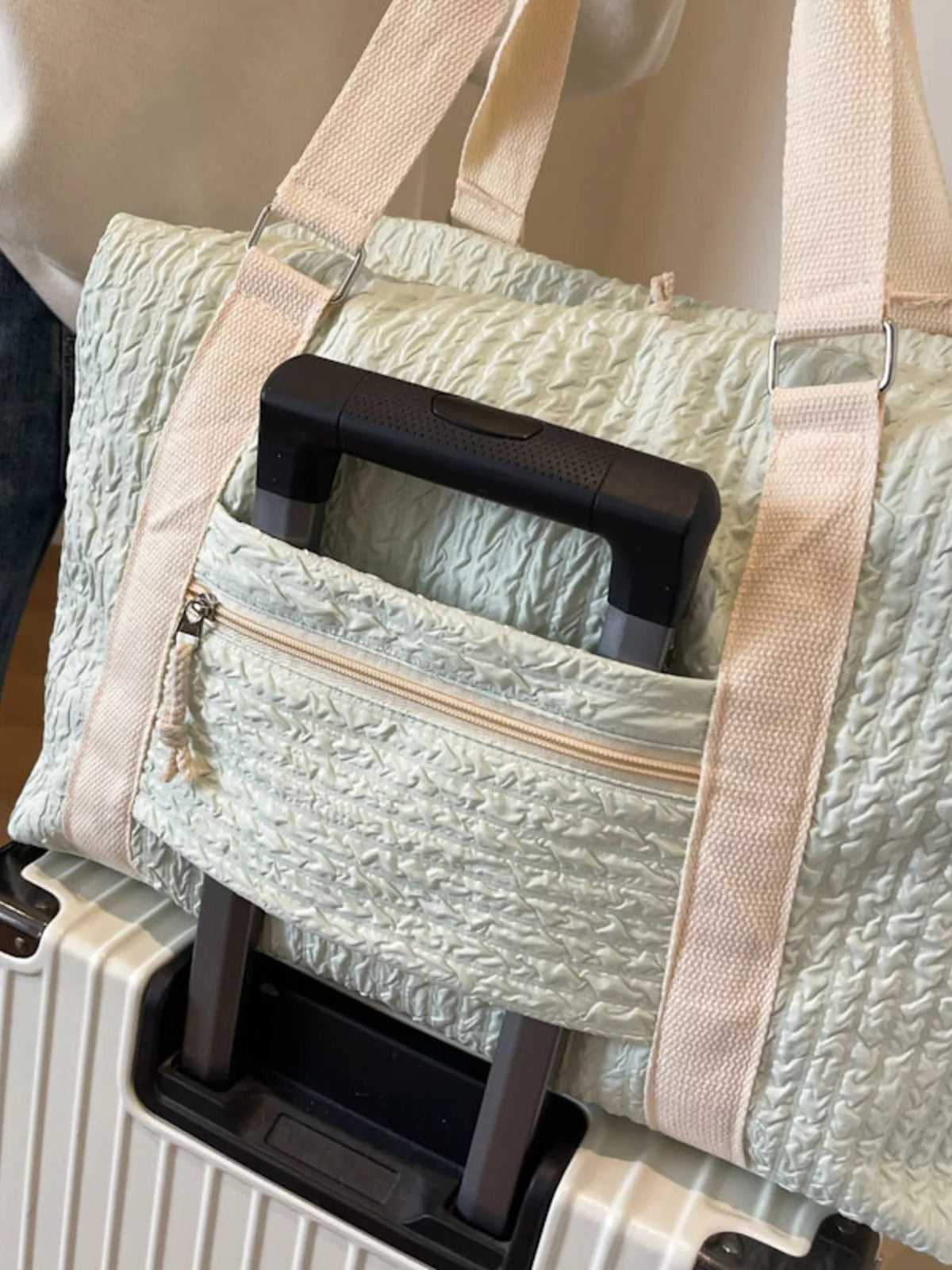 Matcha green duffel bag side profile