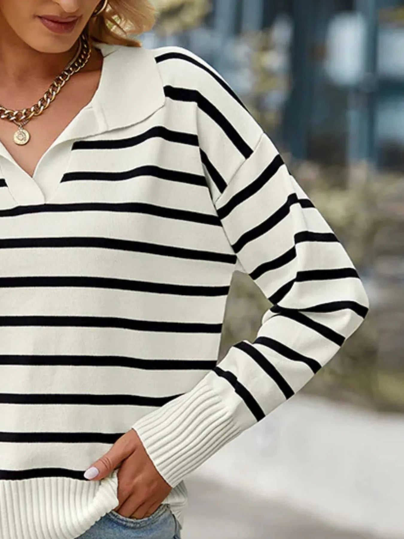 Ribbed Hem Long Sleeve Striped Sweater - Fashorio