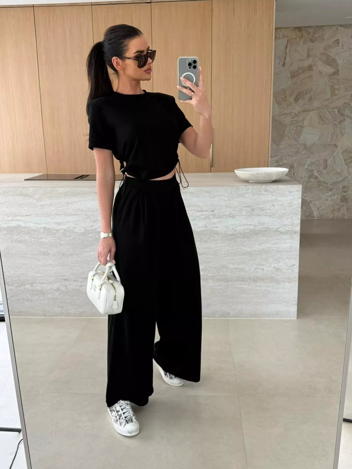 Matching drawstring crop top and wide leg pants set back view