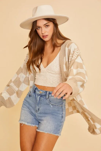 Annie Wear Checkered Open Front Drop Shoulder Cardigan - Fashorio