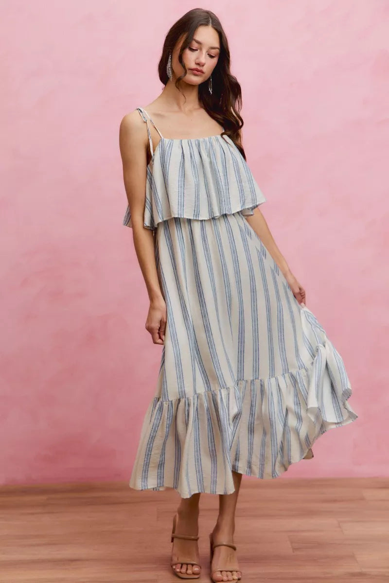 White and blue striped tiered midi dress with shoulder ties front view