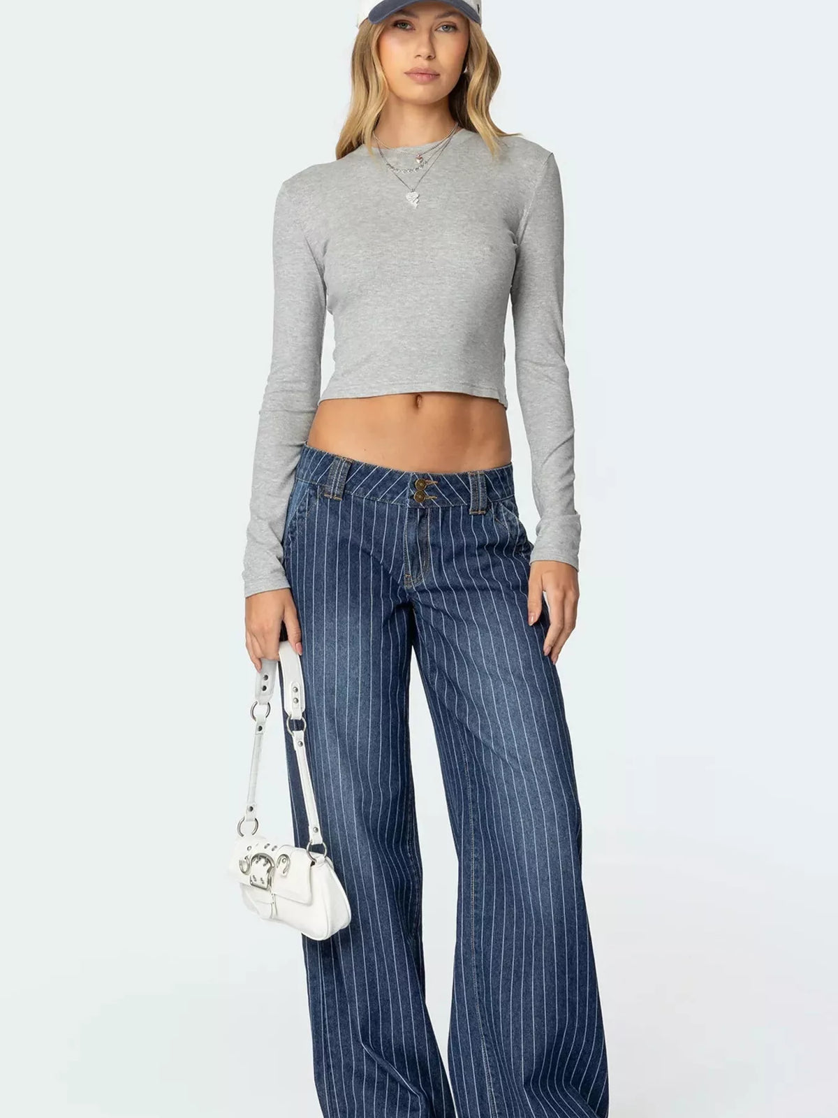 Full length styling of striped blue wide leg jeans