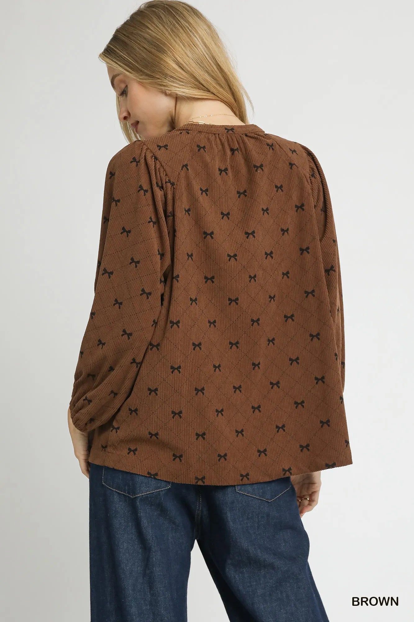 Umgee Corduroy Bow Print Balloon Sleeve Blouse - Fashorio