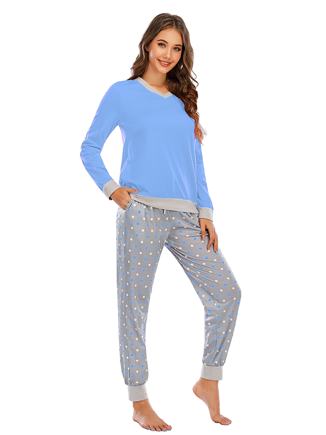 Long Sleeve Top and Polka Dot Pants Set - Fashorio