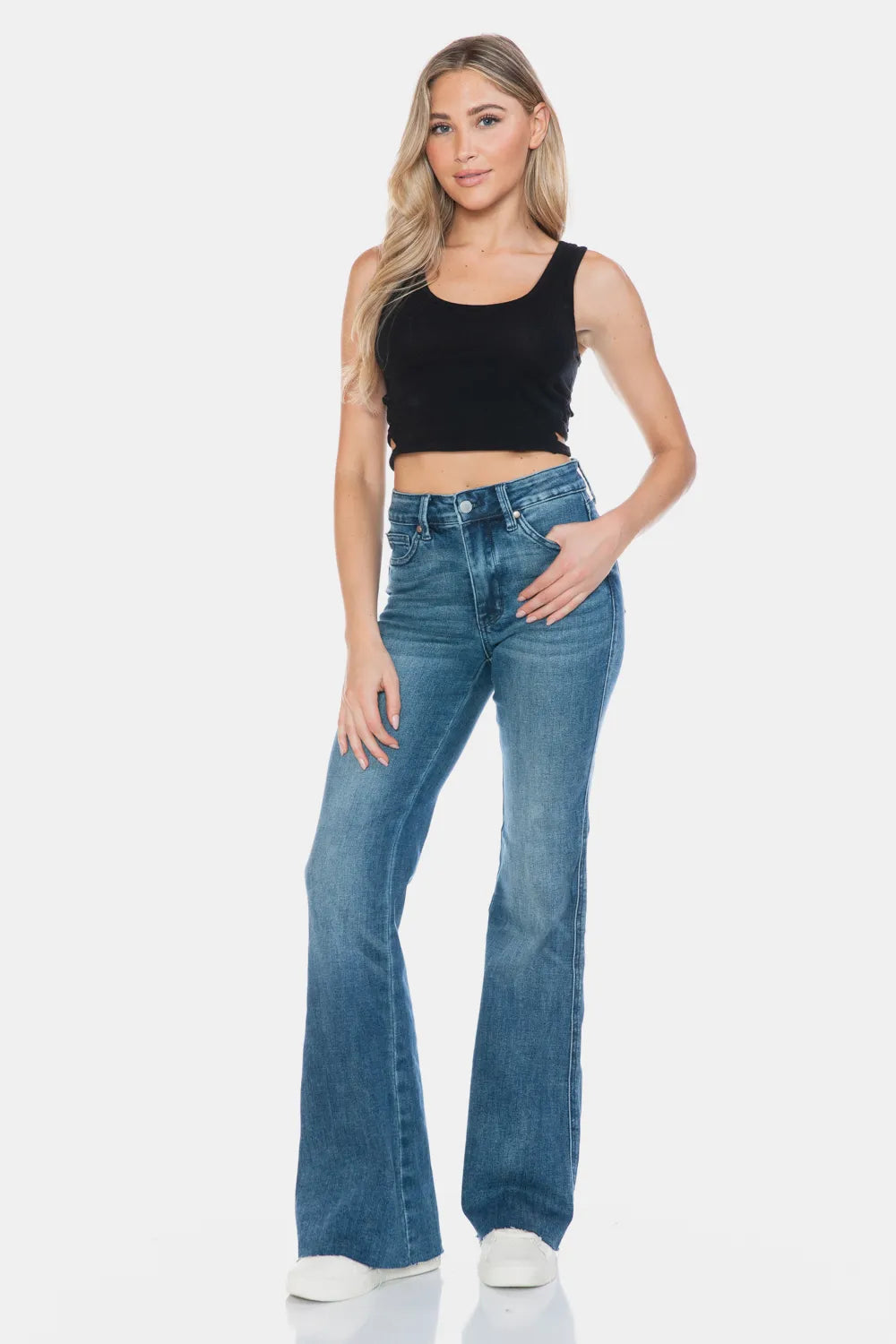 Judy Blue Full Size Tummy Control Cut Hem Flare Jeans – Vintage Wash - Fashorio