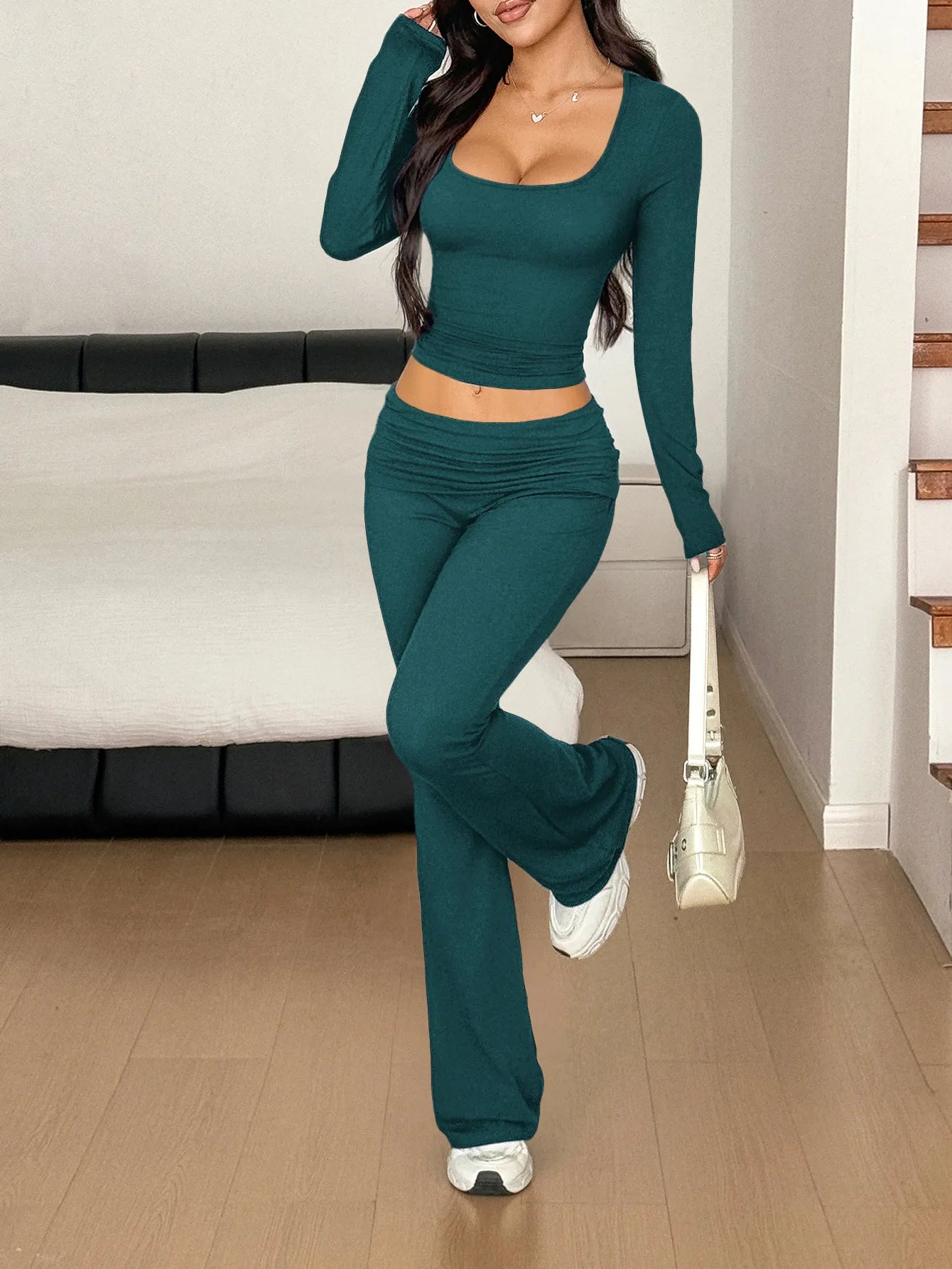 Long Sleeve Crop Top and Bootcut Pants Set - Fashorio
