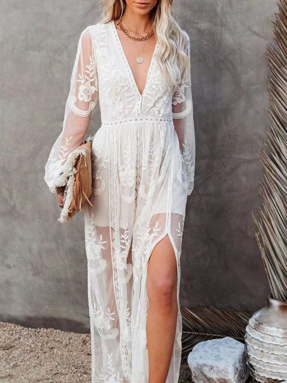 Floral lace slit maxi dress full length view
