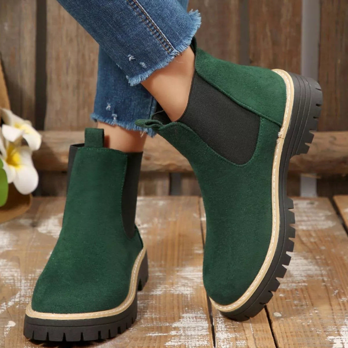 Round Toe Block Heel Boots in army green