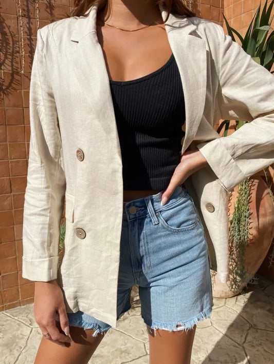 Lapel Collar Long Sleeve Blazer Beige - Fashorio