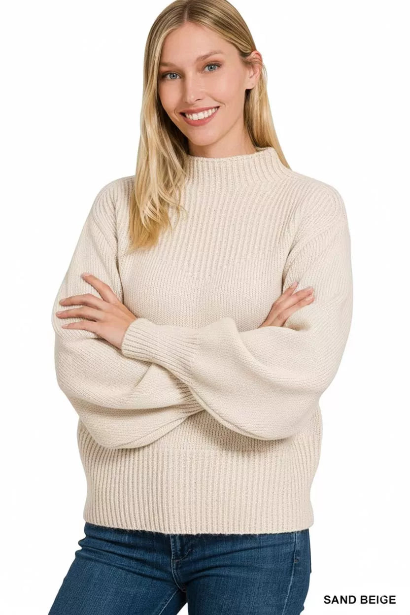 Balloon Sleeve Mock Neck Sweater in Sand Beige back view