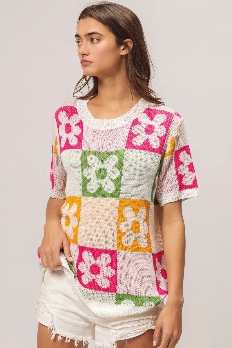 Floral Check Lightweight Sweater Top view 13