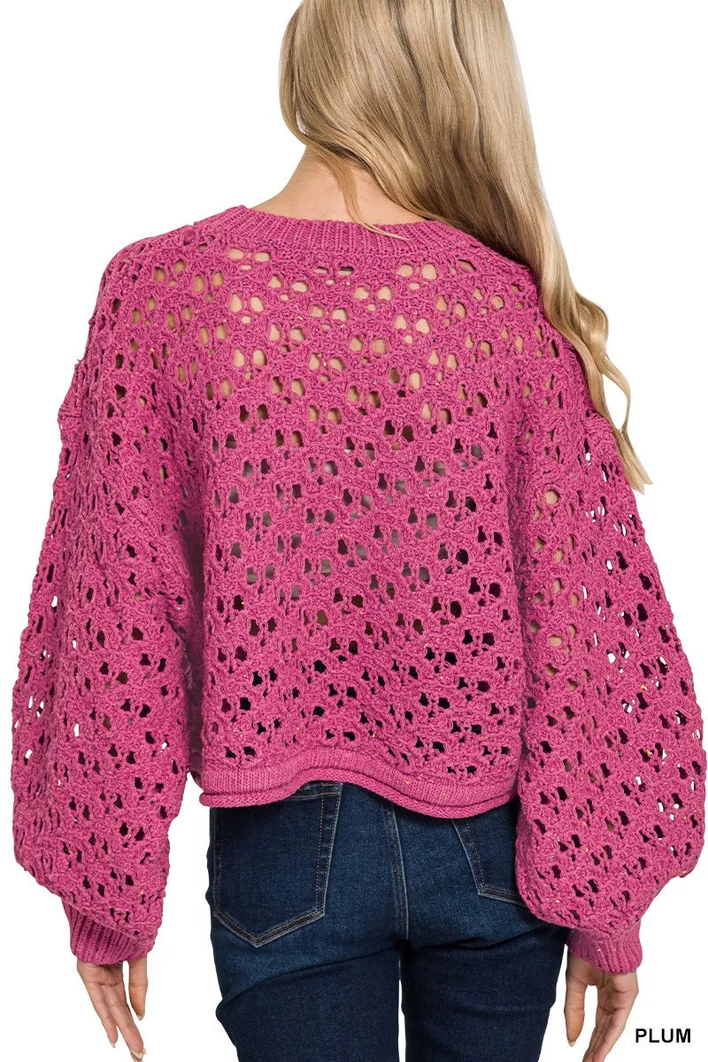 Oversized Cropped Crochet Knit Sweater in Plum side view