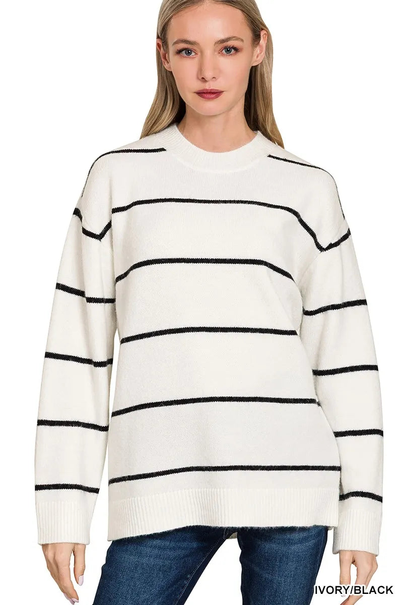 Zenana Round Neck Stripe Sweater IVORY BLACK - Fashorio