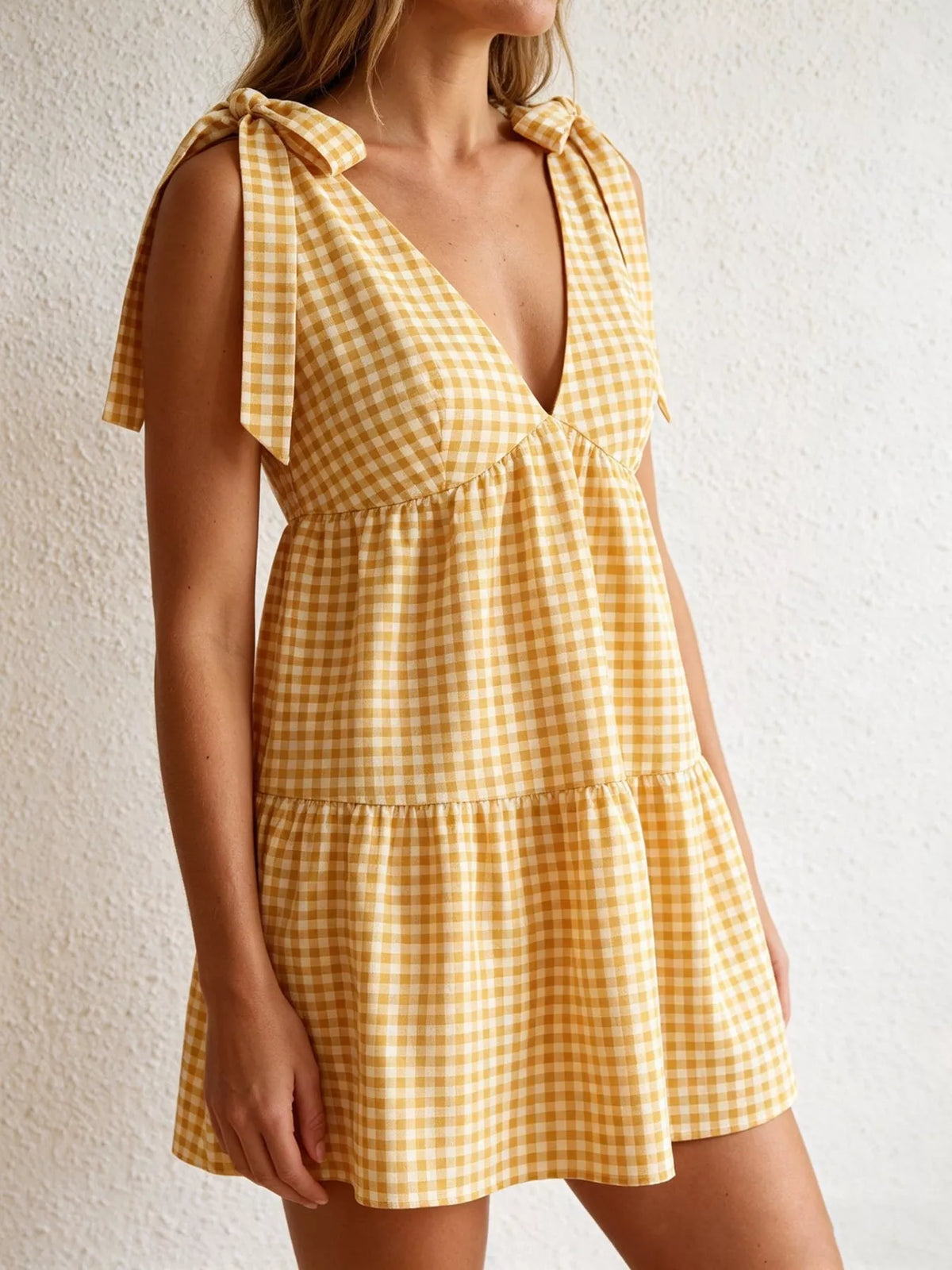 Yellow gingham mini dress tie shoulder detail