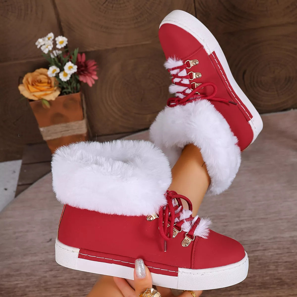 Fuzzy Trim Lace Up Ankle Boots lifestyle view