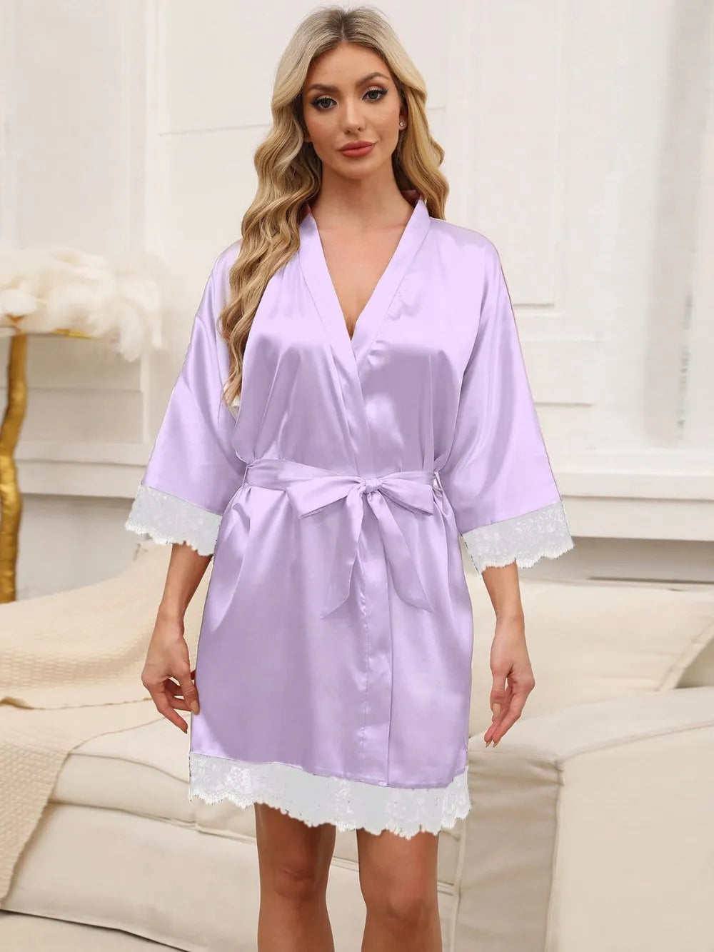 Tied Lace Detail Three-Quarter Sleeve Lounge Nightgown - Fashorio
