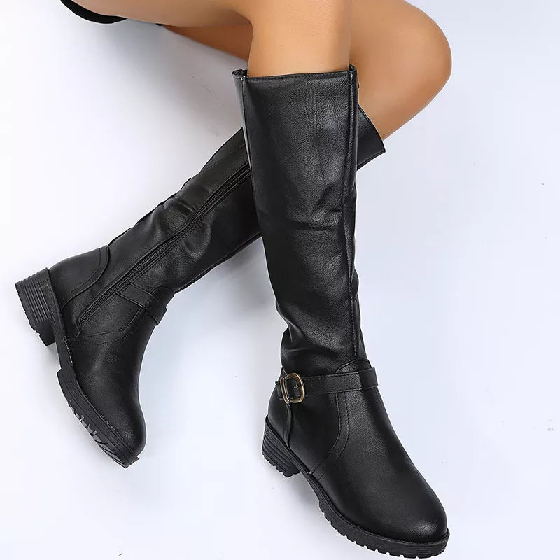 Round Toe Low Block Heel Boots pair on a plain backdrop