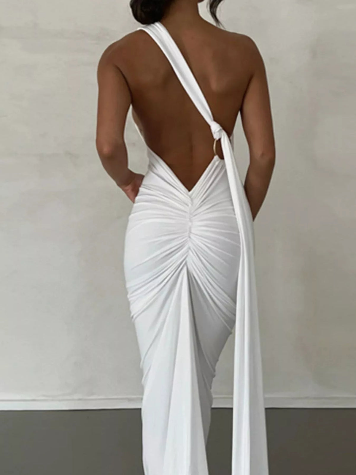 One Shoulder Ruched Bodycon Maxi Dress full length view
