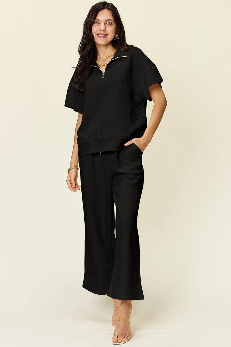 Textured half zip top and pants set teal front view