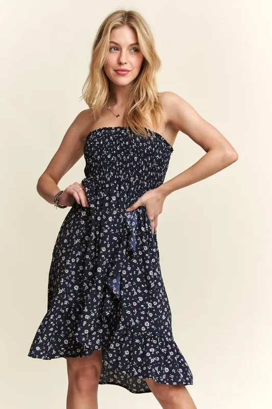 Smocked Floral Tube Dress with Pockets in Navy back view