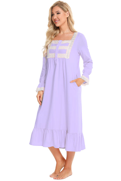 Lace Detail Square Neck Flounce Sleeve Night Dress - Fashorio