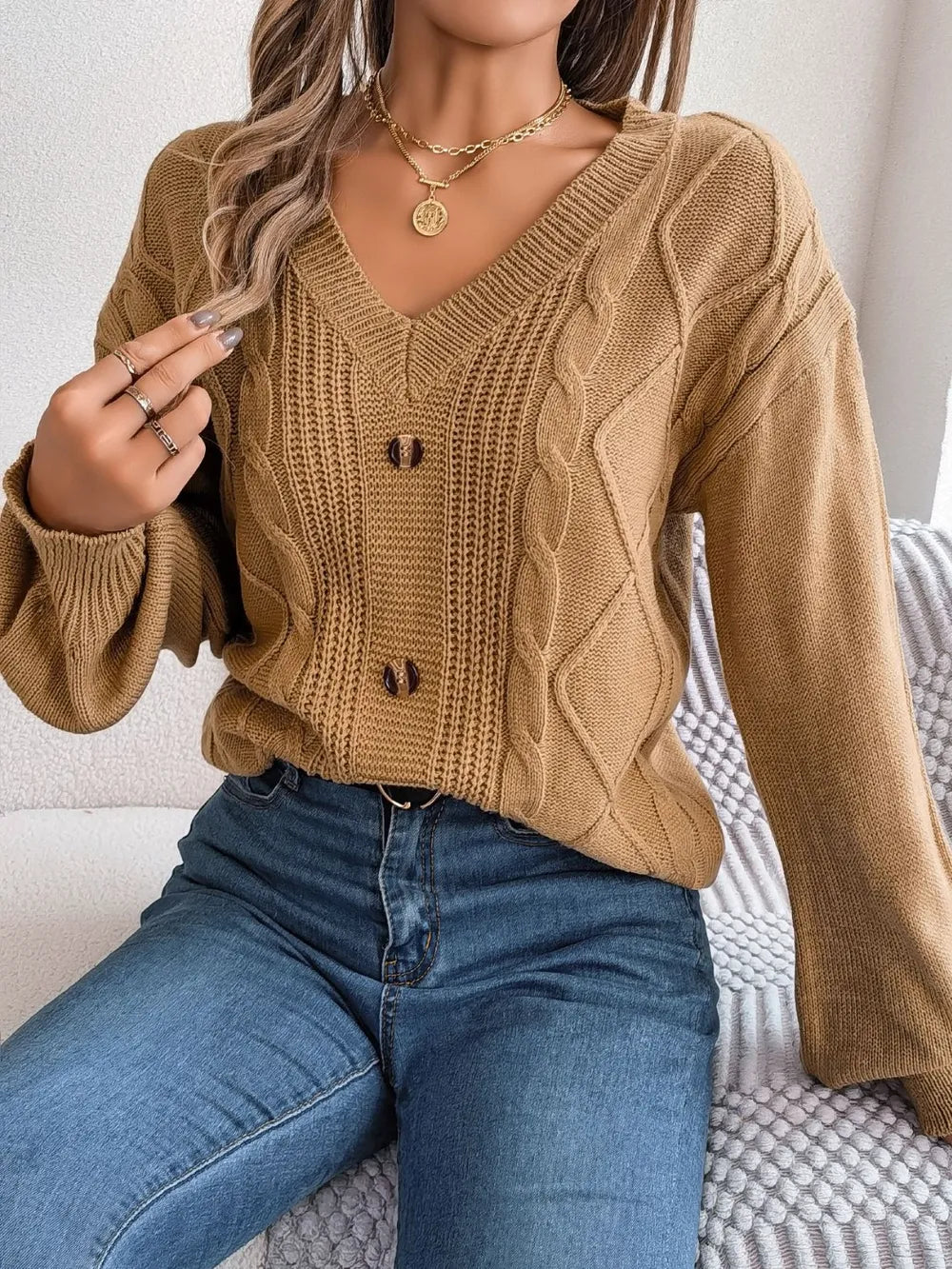 Cable-Knit Buttoned V-Neck Sweater - Fashorio