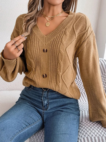 Cable-Knit Buttoned V-Neck Sweater - Fashorio