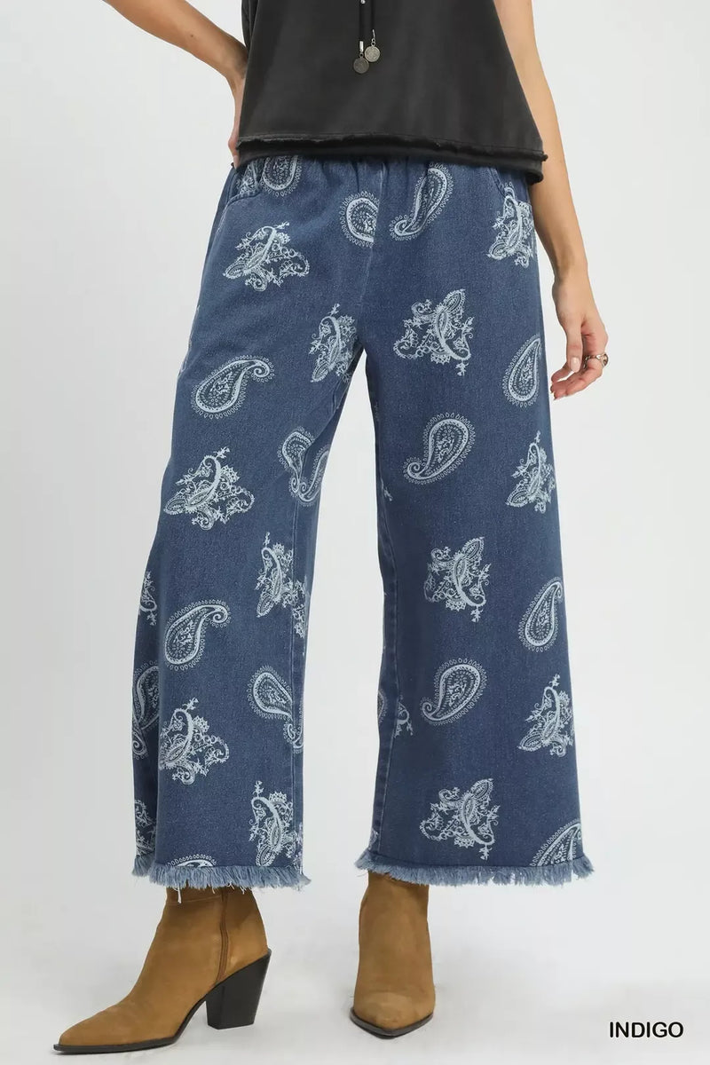 Paisley print wide leg denim pants front view
