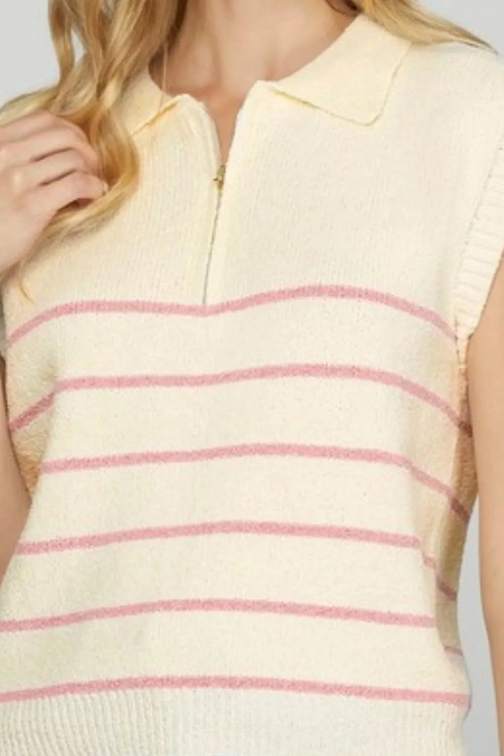 Striped Half Zip Sweater Vest Plus Size in Pink side view