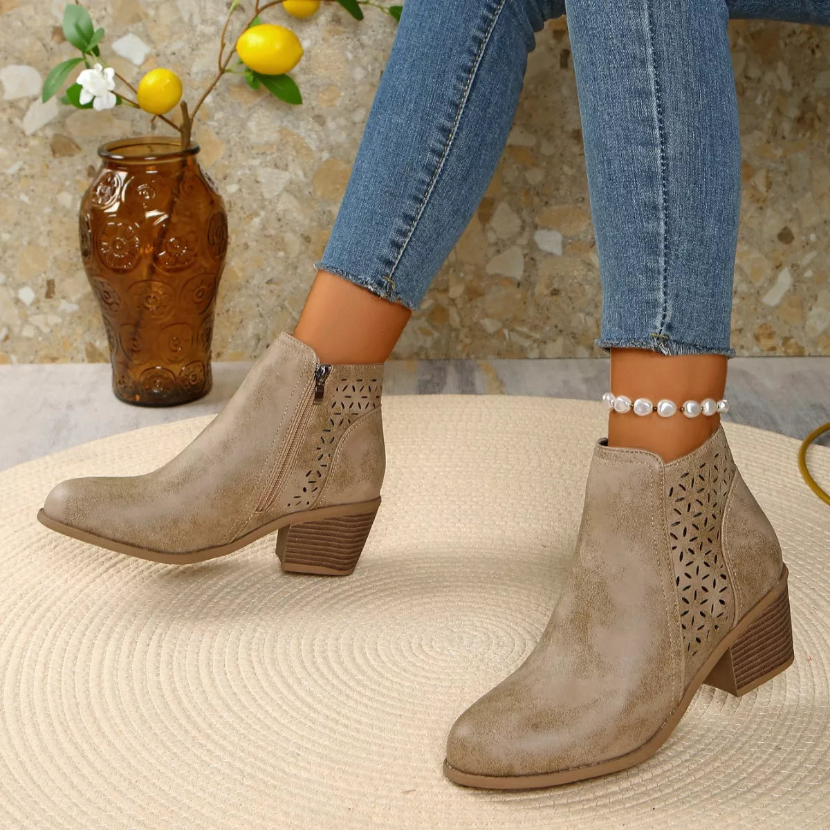 Point toe block heel boots collar and lining view